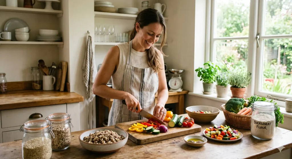 Femme préparant un repas sans gluten avec légumes frais, quinoa et farine de sarrasin dans une cuisine lumineuse.