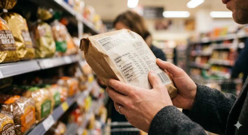 Gros plan sur les mains d'un client lisant l'étiquette nutritionnelle d'un paquet de pain sans gluten en magasin.