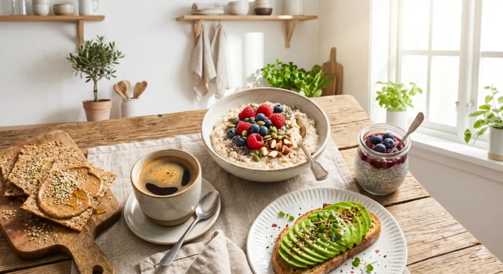Petit-déjeuner healthy avec porridge aux baies, tartine d'avocat sans gluten, pudding de chia et café sur une table en bois ensoleillée.