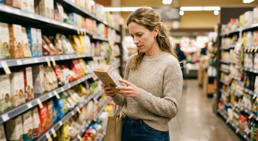 Femme attentive lisant l'étiquette nutritionnelle d'un produit alimentaire dans un rayon de supermarché pour vérifier la composition et les allergènes.