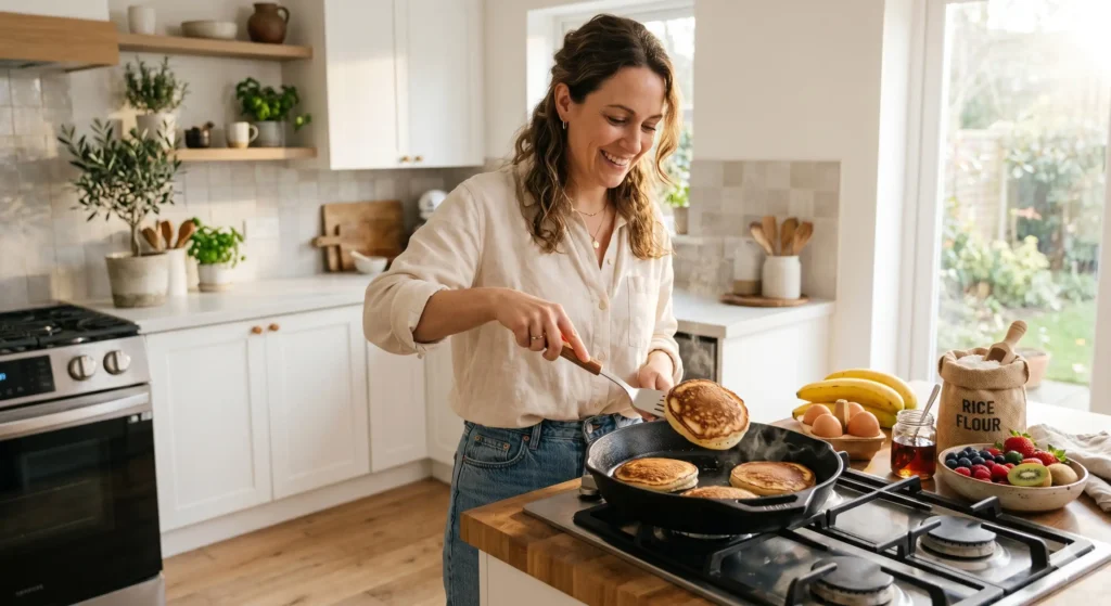 Femme préparant des pancakes à la farine de riz dans une cuisine lumineuse, ingrédients naturels et fruits frais sur le plan de travail.