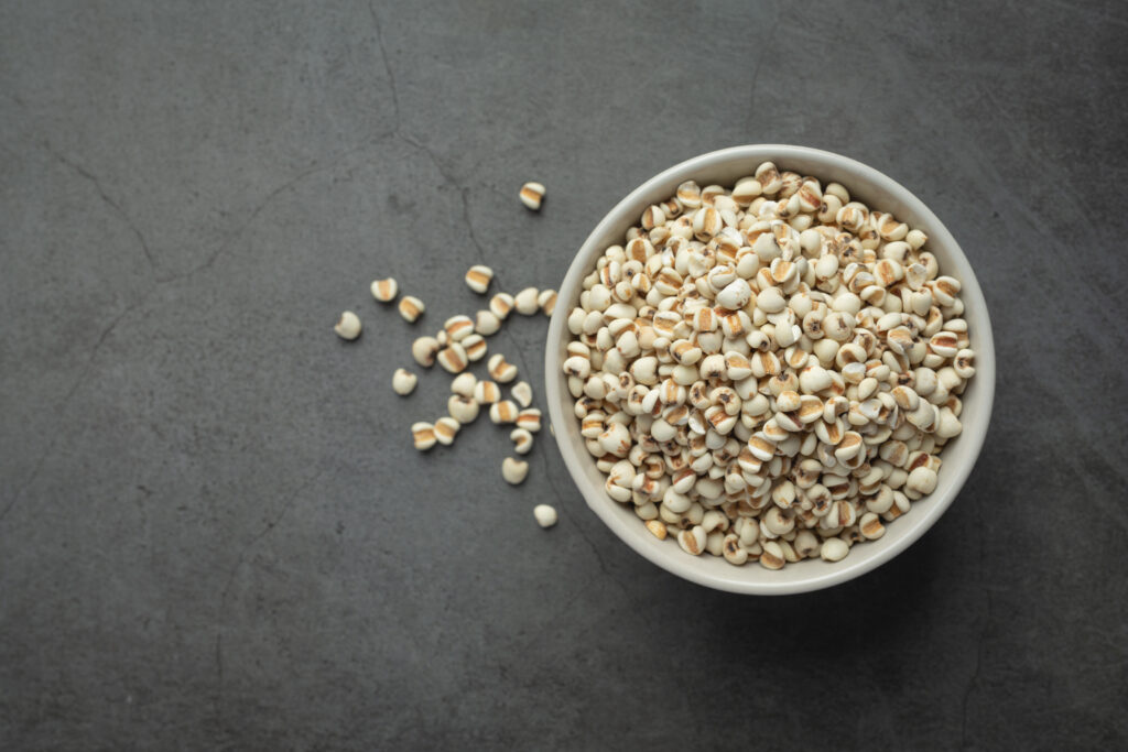 Tas de graines de millet sur fond sombre, céréale alternative sans gluten au blé