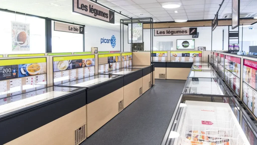 Vue intérieure d'un magasin de surgelés Picard montrant des rangées de bacs congélateurs modernes avec un habillage en bois clair et une signalétique claire pour les sections légumes et bio.