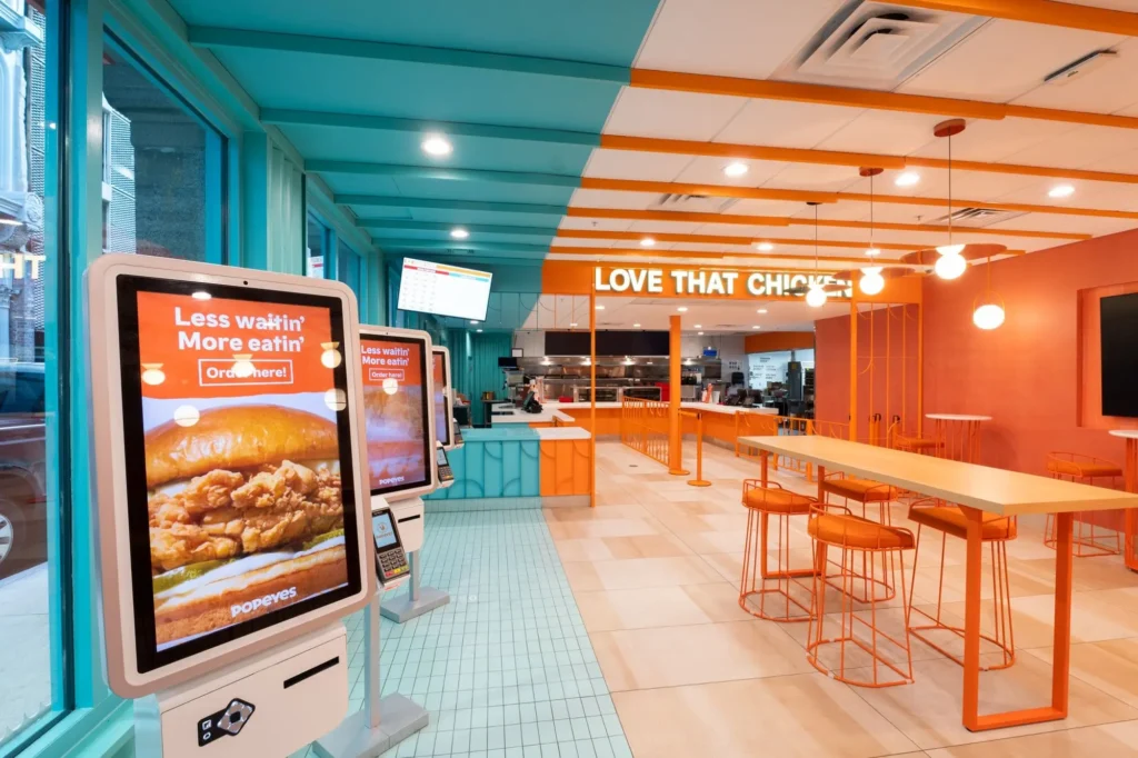 Intérieur moderne d'un restaurant Popeyes avec des bornes de commande tactiles au premier plan, une décoration colorée orange et turquoise, et un comptoir sous l'enseigne "Love That Chicken"
