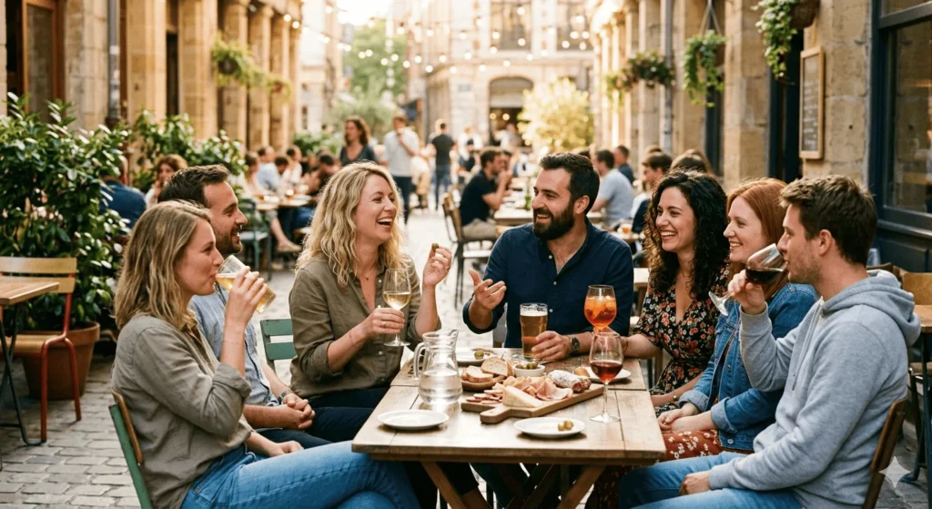 Des amis partagent un moment convivial en terrasse autour d'une planche apéritive et de boissons. On y voit du vin blanc et des cocktails, répondant ainsi à la question : quel alcool peut-on boire sans gluten pour profiter d'un apéro serein entre amis.