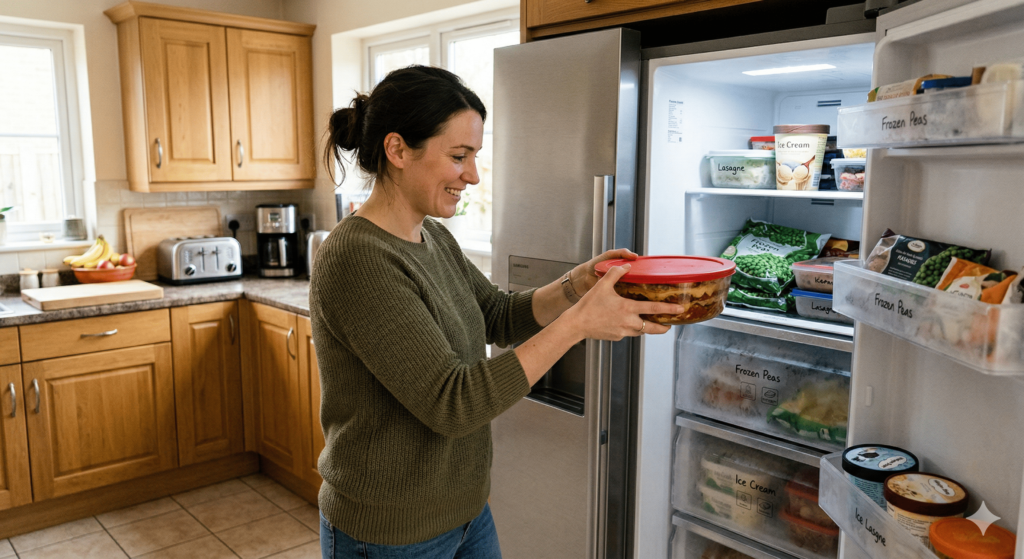 Une femme range un plat préparé dans un congélateur organisé contenant des petits pois surgelés, des lasagnes et des pots de glace.