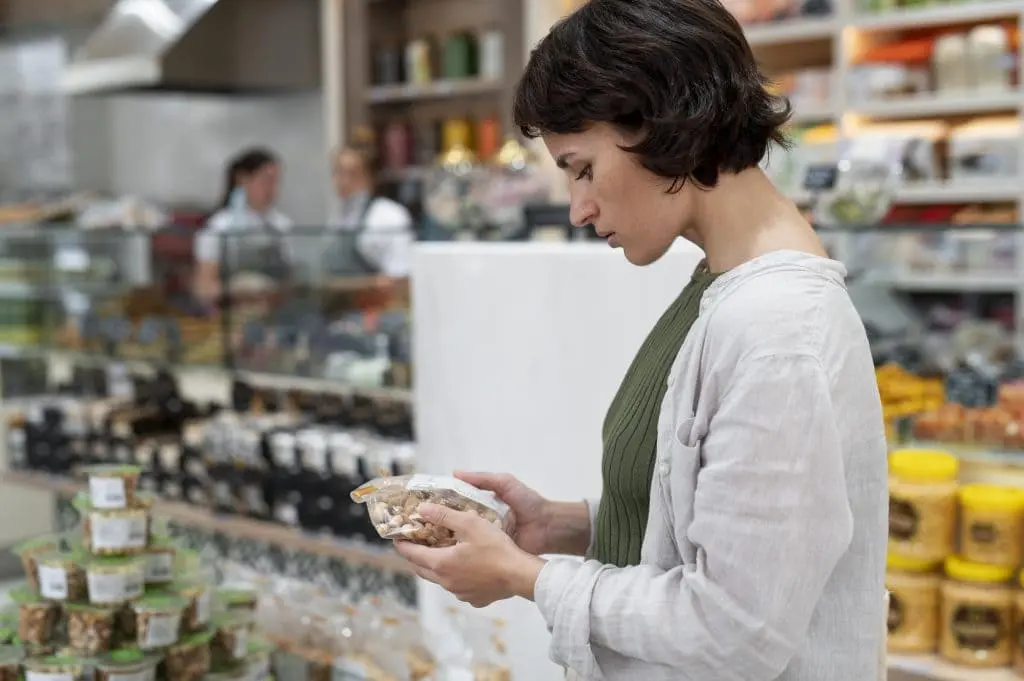 Jeune femme aux cheveux courts examinant attentivement un sachet de noix dans un magasin d'alimentation biologique.