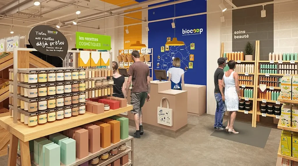 Façade extérieure bleue du magasin Biocoop avec enseigne lumineuse et slogan La Bio nous rassemble.