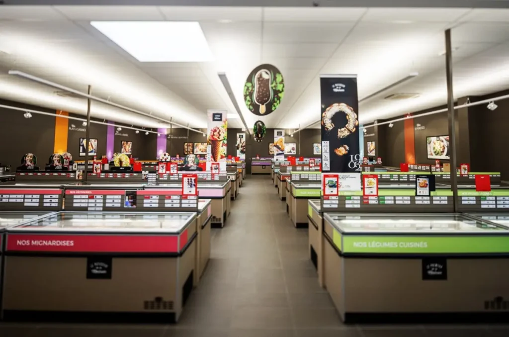 Vue intérieure d'un magasin Thiriet montrant des allées de congélateurs horizontaux avec une signalétique colorée pour les catégories de produits comme les mignardises et les légumes cuisinés.