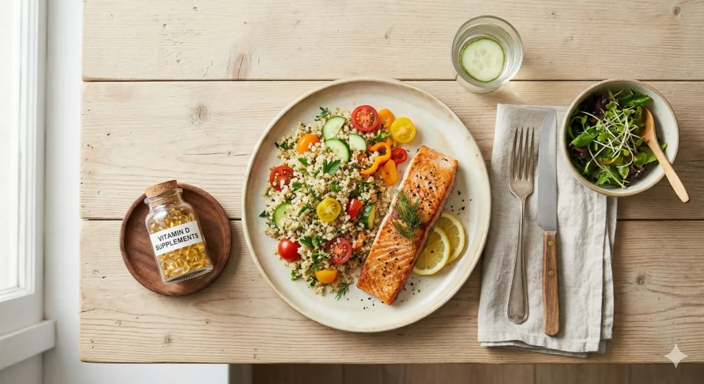 Plat santé composé de saumon grillé, quinoa et légumes frais avec un flacon de compléments alimentaires en vitamine D sur une table en bois.