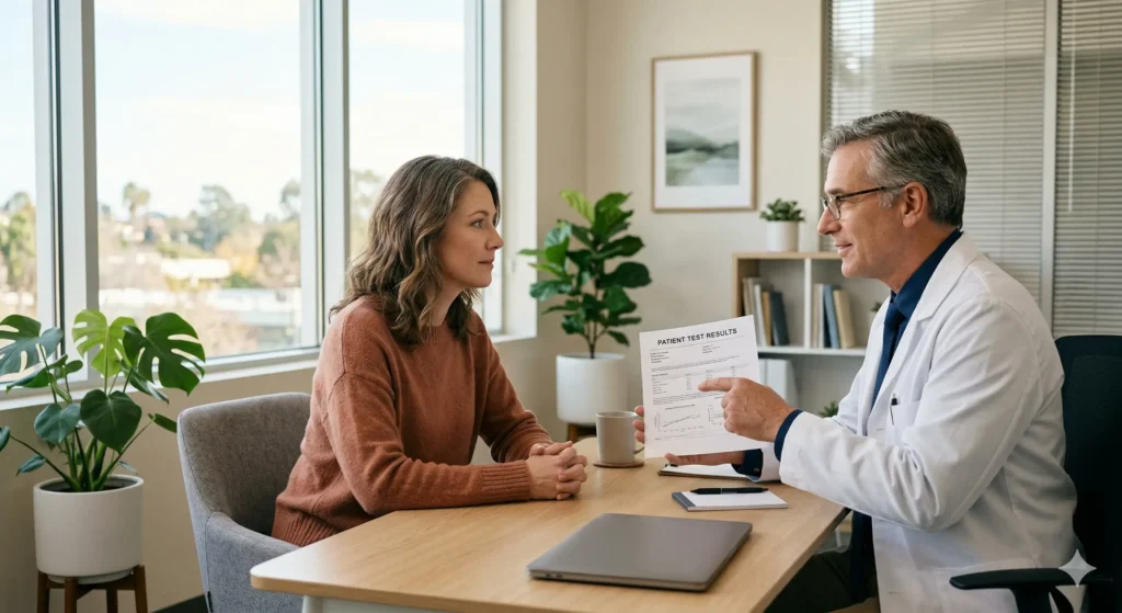 Femme en consultation avec un médecin expliquant des résultats d'analyses dans un cabinet médical lumineux.