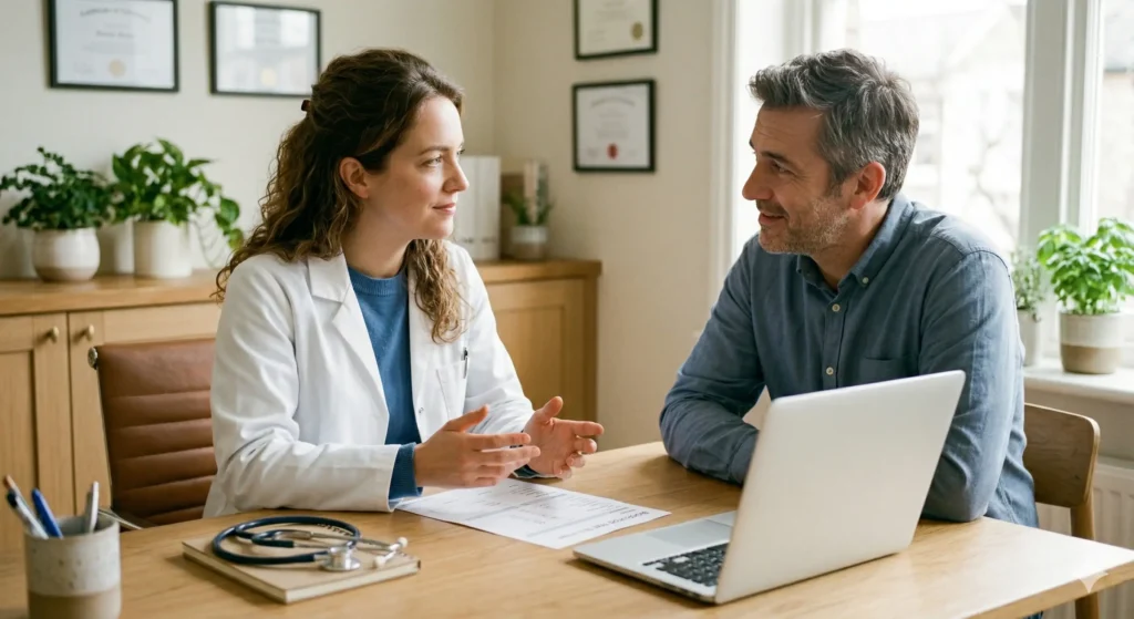 Une femme médecin en blouse blanche explique calmement des résultats à un patient attentif dans un cabinet médical moderne et lumineux. Un stéthoscope, un ordinateur portable et des feuilles d'analyses sont posés sur le bureau en bois.