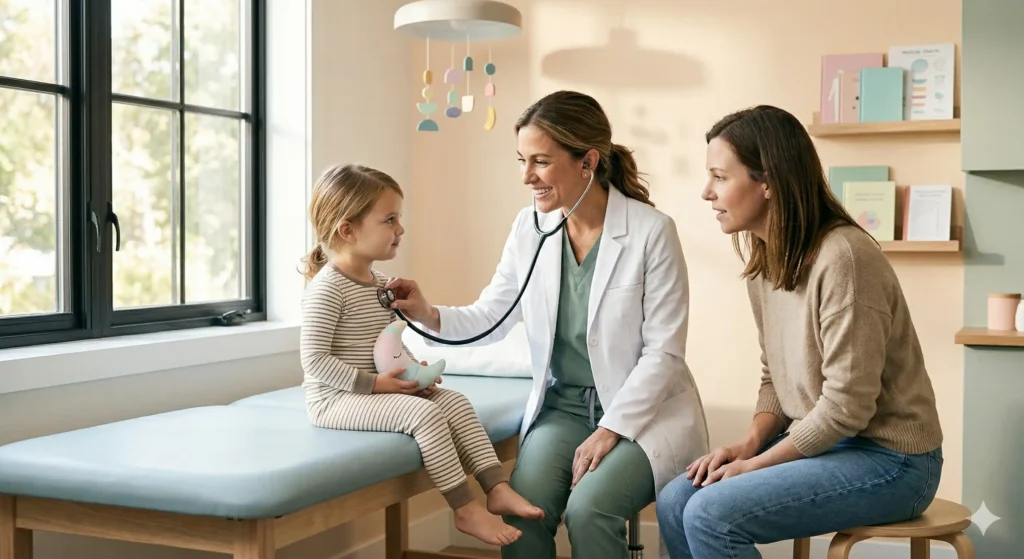 Pédiatre souriante auscultant un enfant avec un stéthoscope lors d'une consultation médicale dans un cabinet moderne.