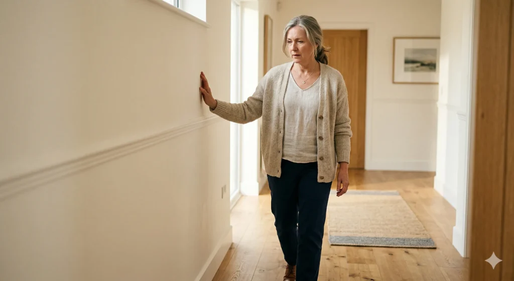 Femme mûre souffrant de troubles de l'équilibre marchant dans un couloir en prenant appui sur le mur.