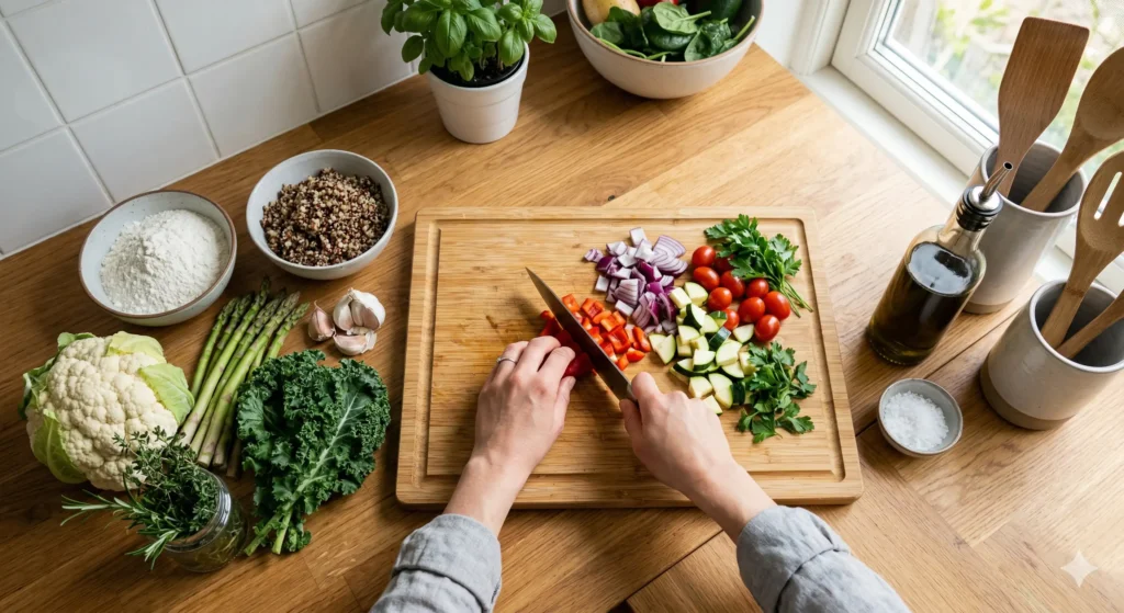 Vue de dessus de mains coupant un poivron rouge sur une planche en bois, entourées de légumes frais comme du chou kale, des asperges, des tomates cerises et du quinoa.
