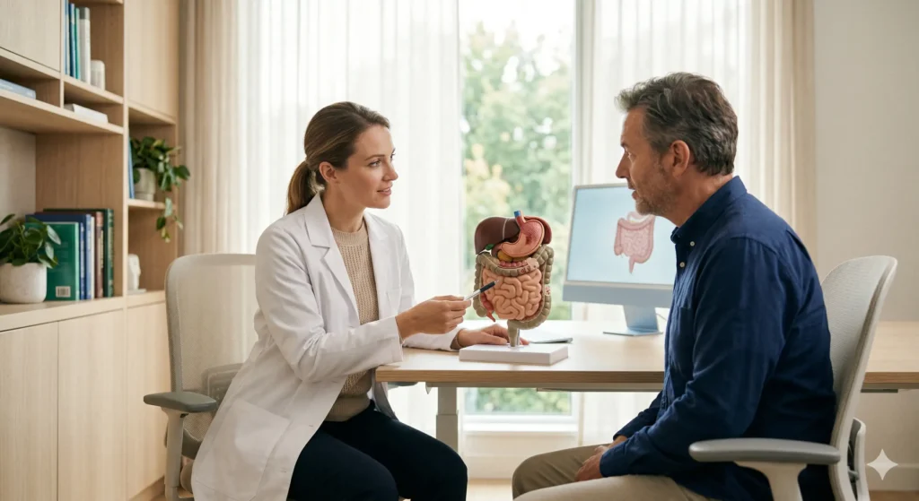 Médecin gastro-entérologue expliquant le système digestif à un patient à l'aide d'une maquette anatomique dans un cabinet médical.