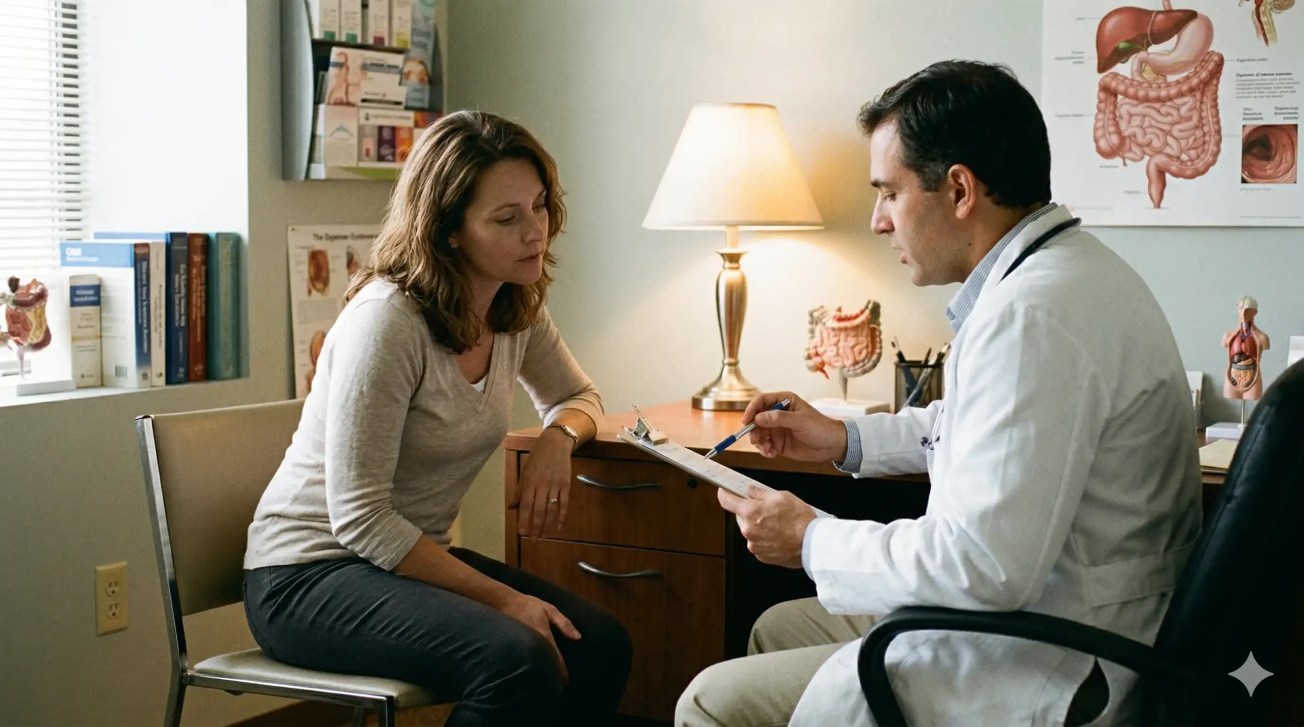 Femme en consultation chez un gastro-entérologue écoutant les explications du médecin.