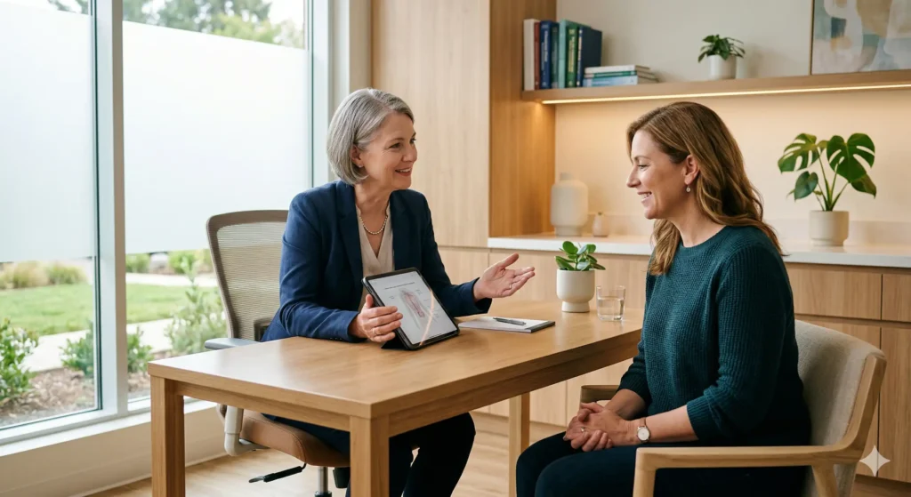 Femme dans la quarantaine en consultation avec une femme médecin dans un cabinet médical moderne et lumineux, discutant d'un diagnostic sur une tablette numérique.