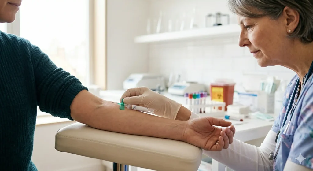 Infirmière réalisant une prise de sang sur le bras d'une patiente dans un laboratoire d'analyses médicales.