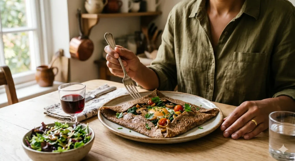 Galette de sarrasin traditionnelle bretonne garnie d'un œuf miroir, champignons et tomates cerises, servie sur une table en bois avec une salade verte.