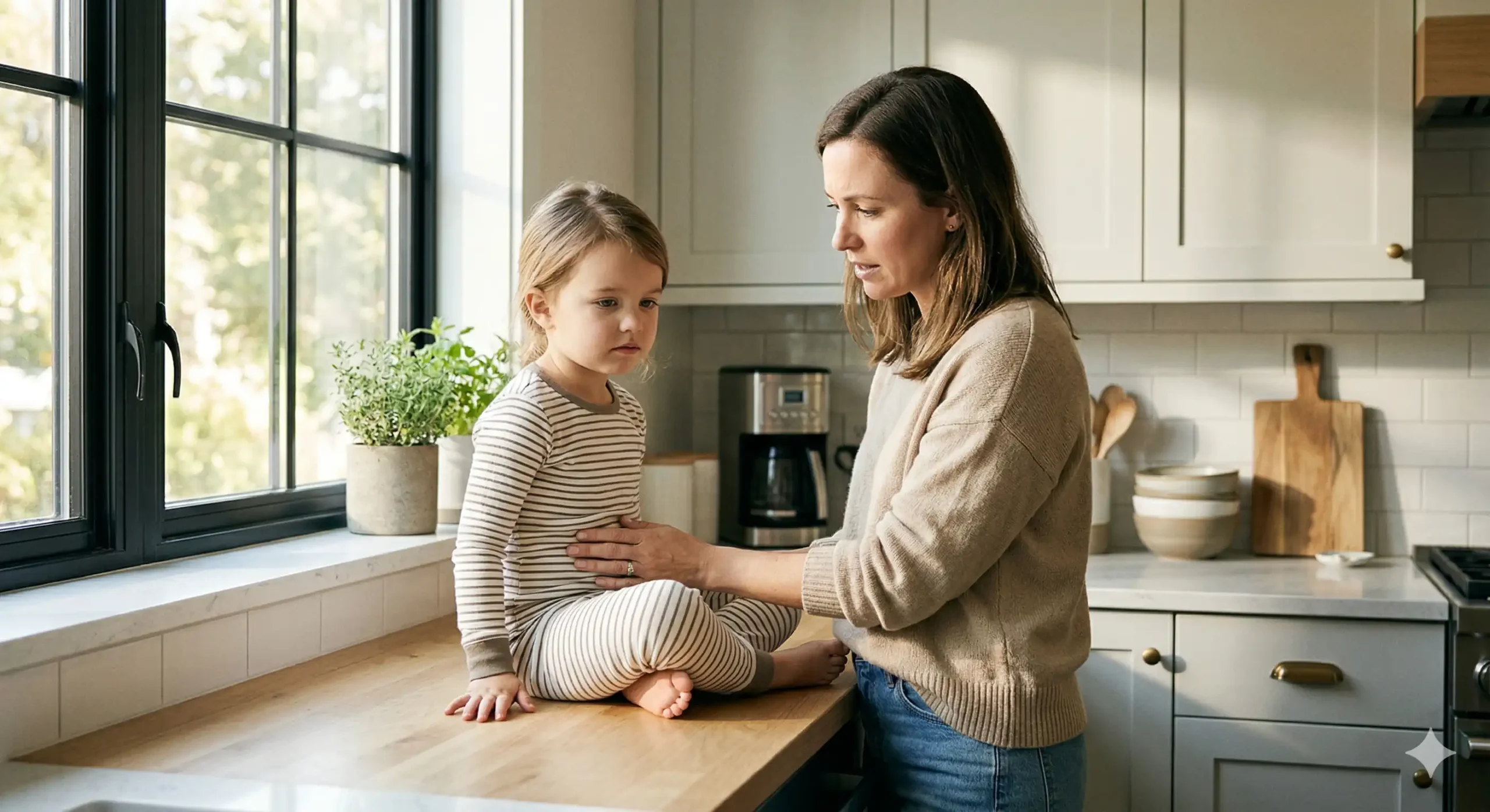 Mère attentionnée examinant le ventre de son jeune enfant souffrant de maux d'estomac dans une cuisine moderne et lumineuse.