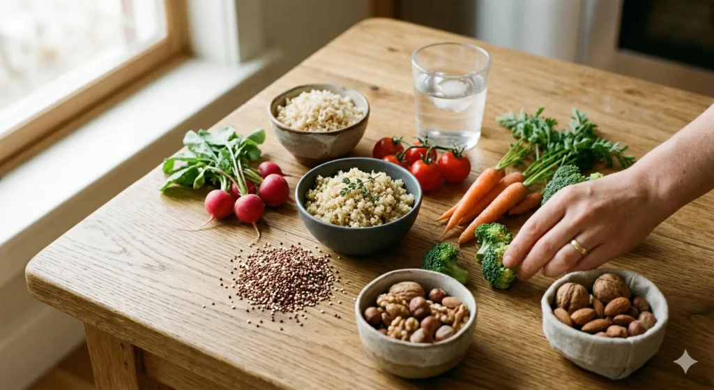 Sélection d'aliments naturellement sans gluten sur une table en bois comprenant du quinoa, du riz, des légumes frais, des noix et un verre d'eau.