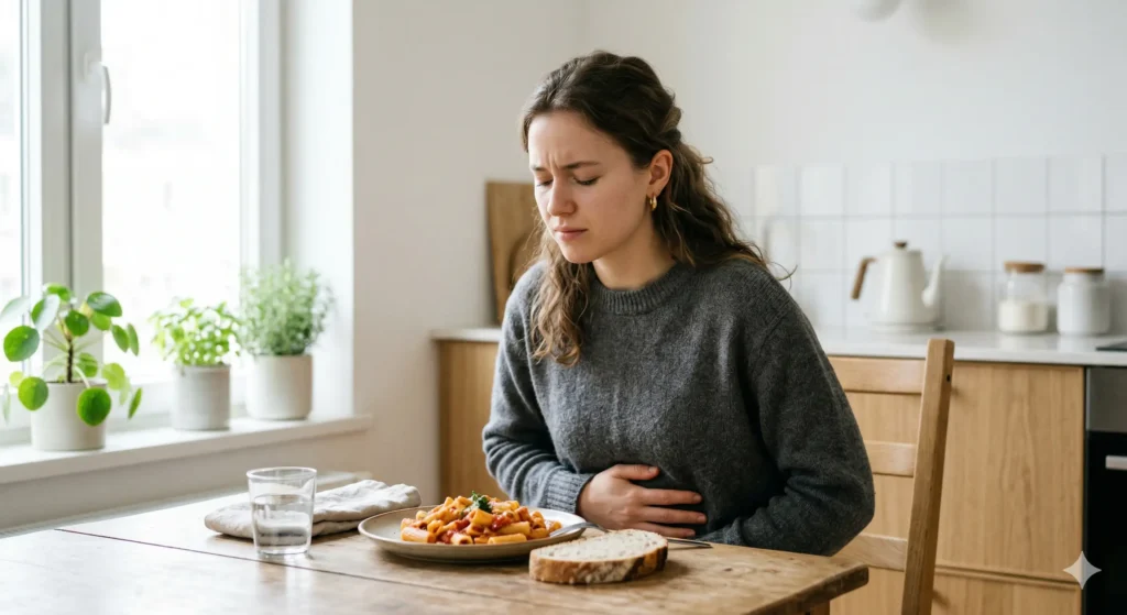 Une jeune femme assise à une table de cuisine avec une assiette de pâtes, se tenant l'estomac avec une expression de gêne.