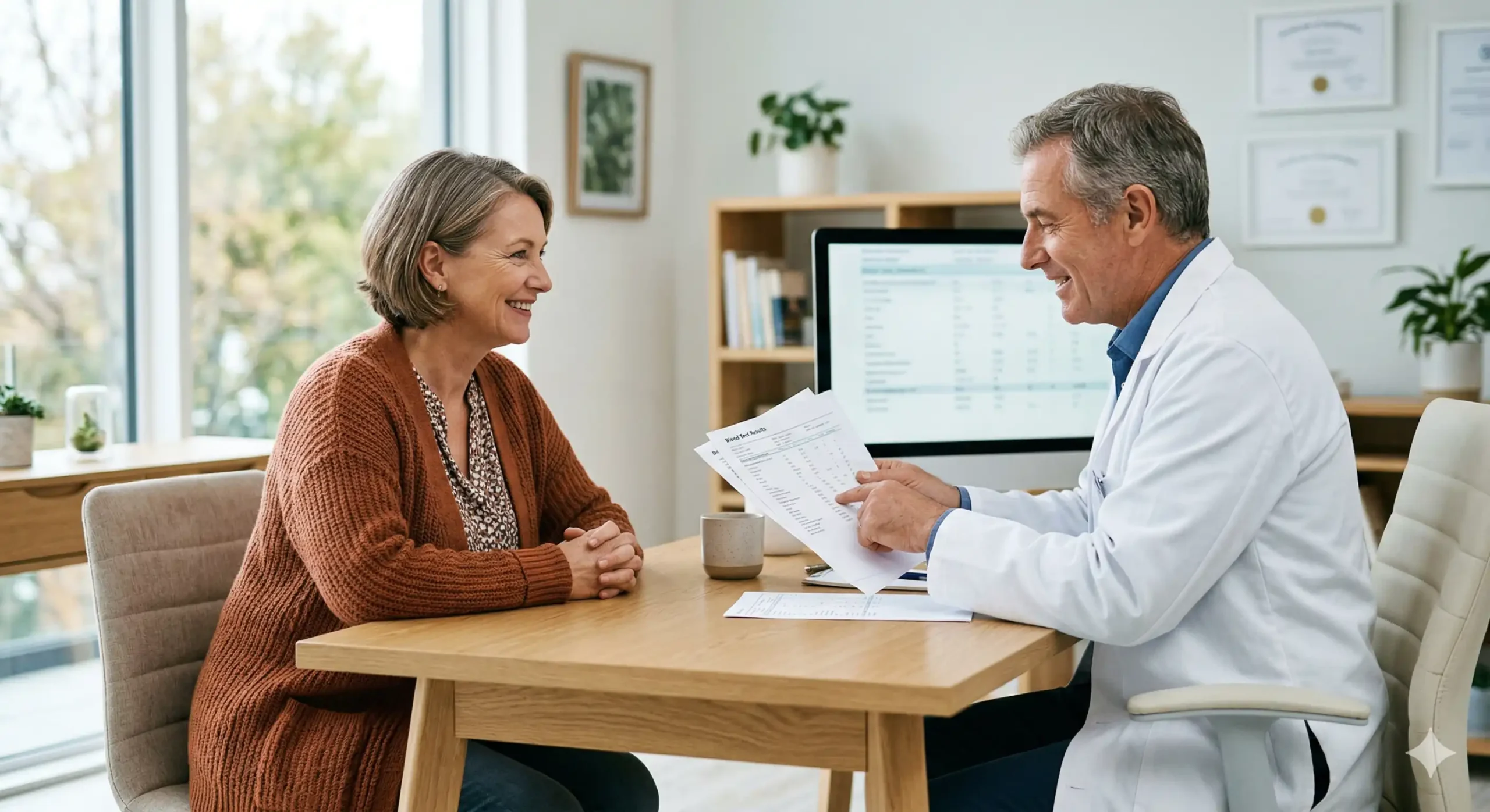 Femme souriante en consultation avec son médecin généraliste analysant des résultats d'examen sanguin sur papier dans un cabinet médical lumineux.