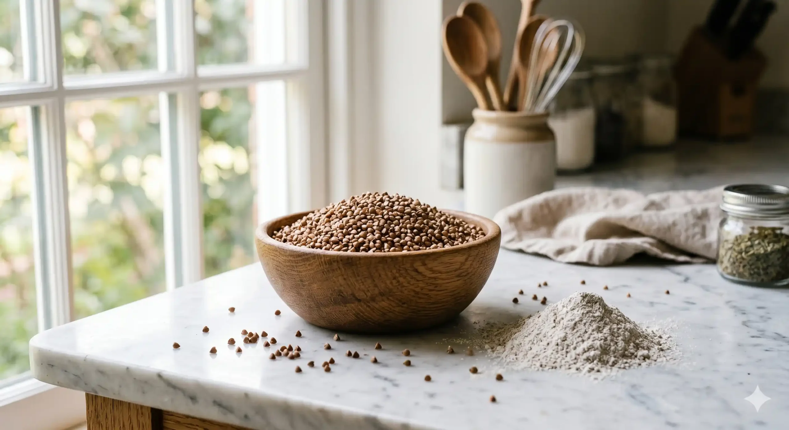 Bol en bois rempli de grains de sarrasin brut à côté d'un tas de farine de sarrasin sur un plan de travail en marbre, lumière naturelle.