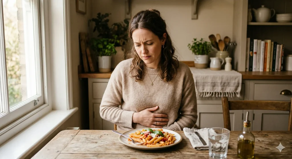 Une femme assise à table exprime une douleur au ventre devant son assiette de pâtes.