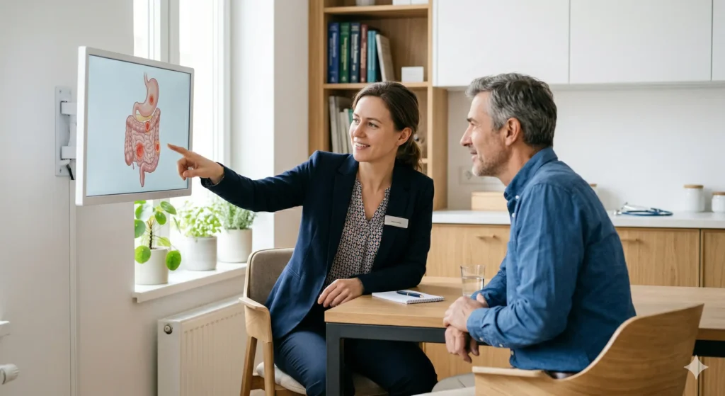 Un médecin homme et une femme médecin en train d'examiner un graphique de l'intestin grêle sur un écran, dans un cabinet médical moderne.
