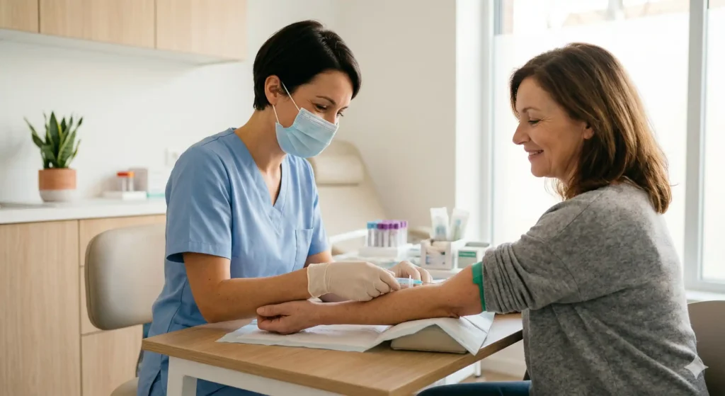 Infirmière réalisant une prise de sang sur une patiente souriante dans un cabinet médical lumineux et rassurant.