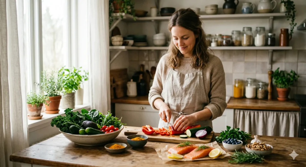 Femme préparant un repas sain avec du saumon frais, des légumes verts et des poivrons sur un plan de travail en bois.