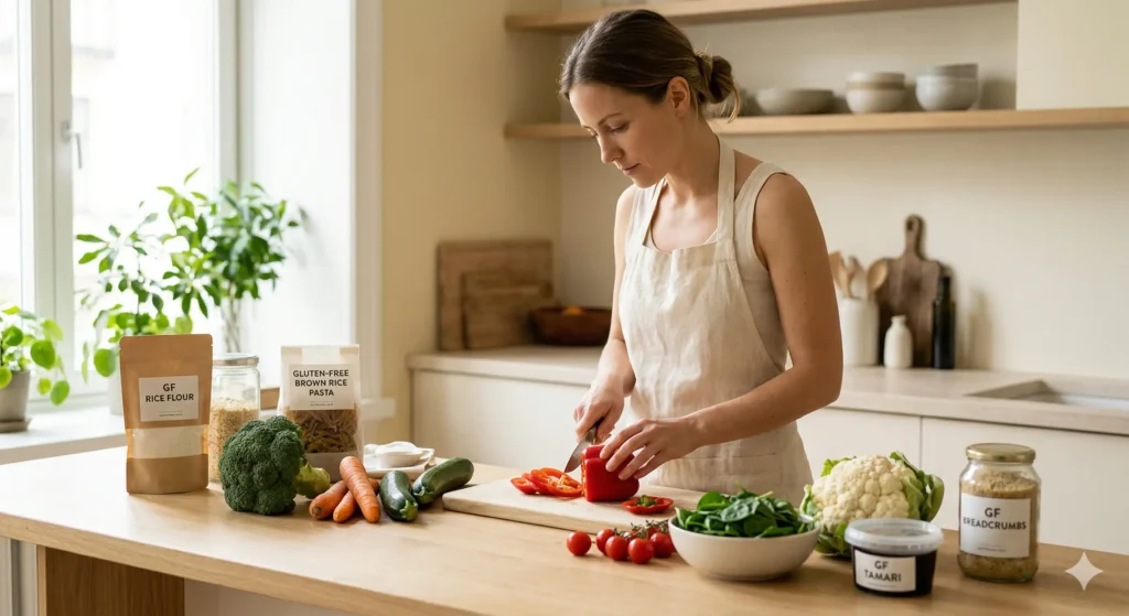 Personne cuisinant un repas sans gluten avec des légumes frais et des produits étiquetés sur un plan de travail en bois.