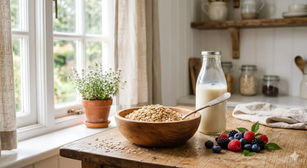 Bol en bois de flocons d'avoine avec baies fraîches et bouteille de lait végétal sur une table de cuisine en bois ensoleillée.