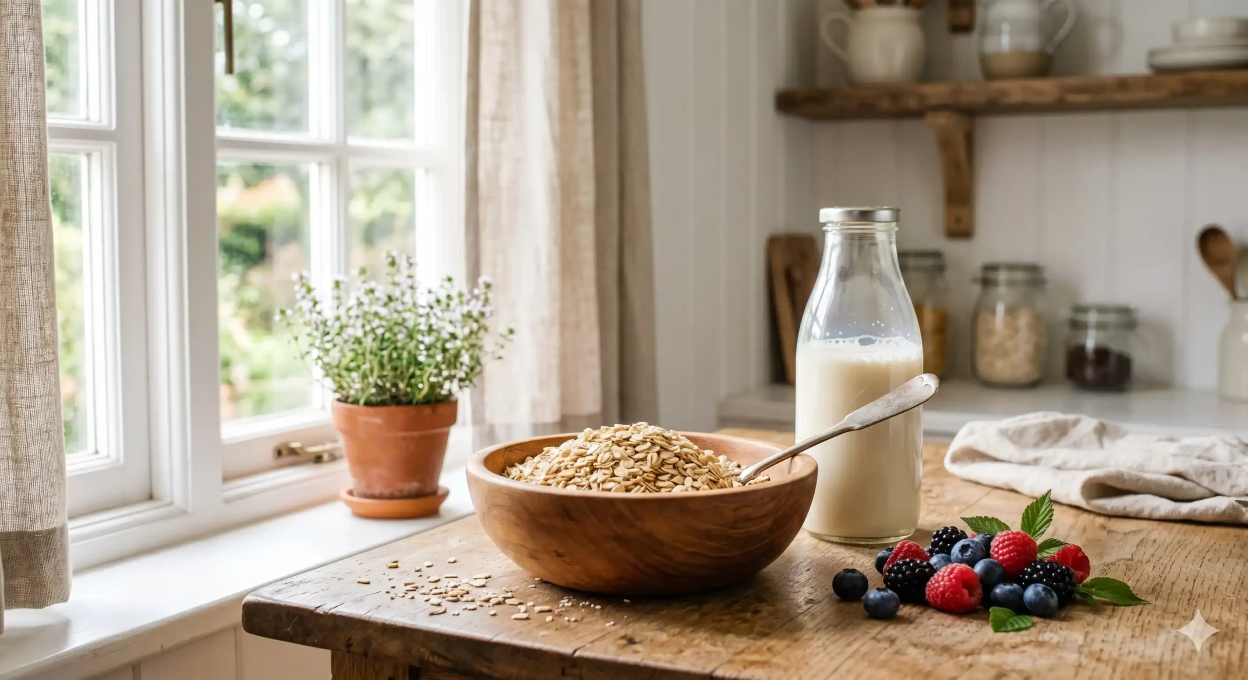 Bol en bois de flocons d'avoine avec baies fraîches et bouteille de lait végétal sur une table de cuisine en bois ensoleillée.