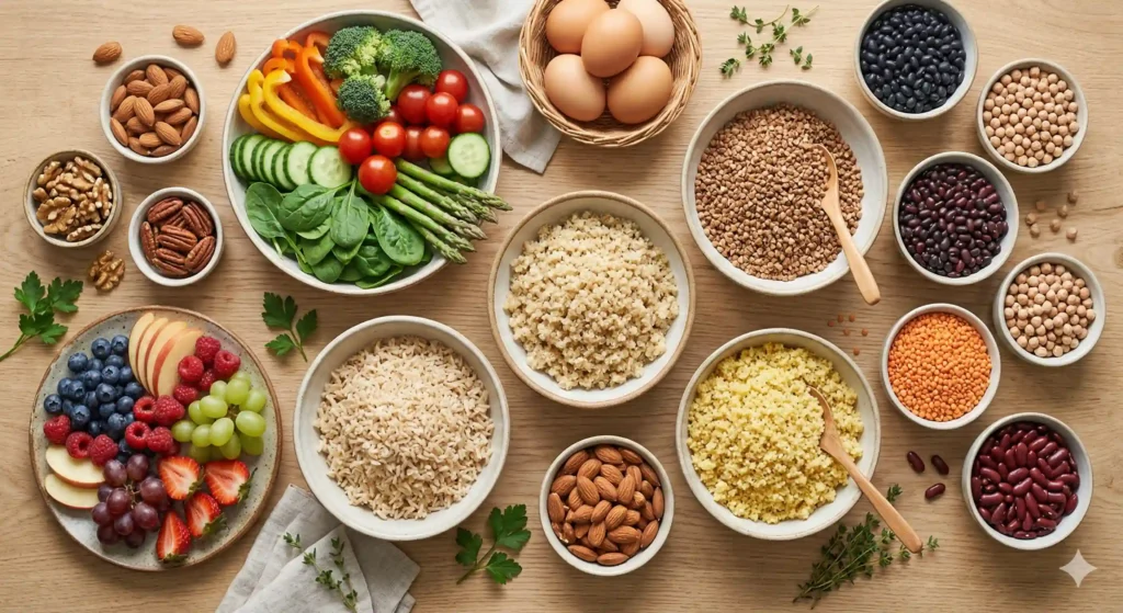 Assortiment d'aliments sains : légumes frais, fruits rouges, œufs, oléagineux et bols de céréales complètes sur une table en bois.
