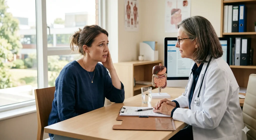 Femme fatiguée en consultation avec une gastro-entérologue dans un cabinet médical lumineux