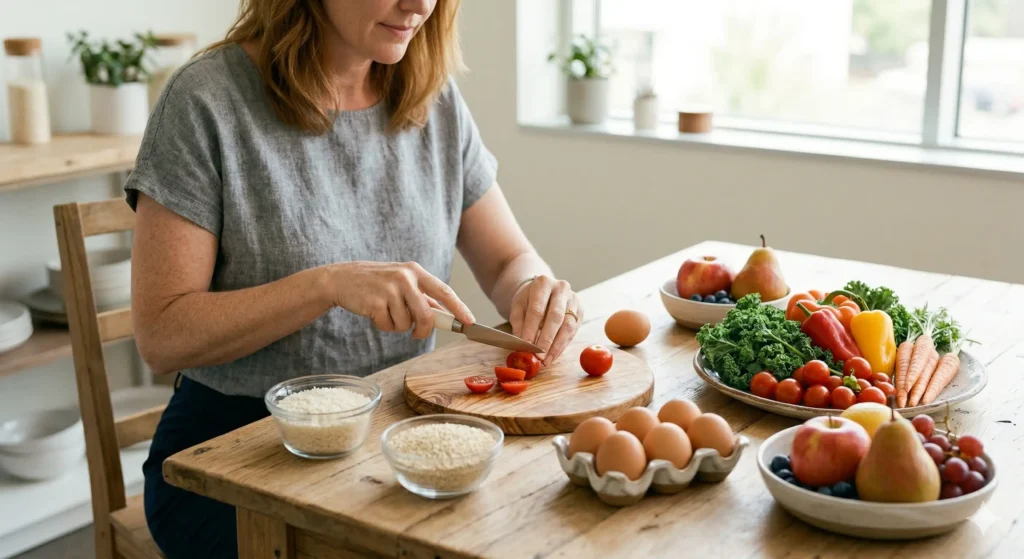 Femme préparant un repas sain avec des légumes frais des fruits et des œufs sur une table en bois