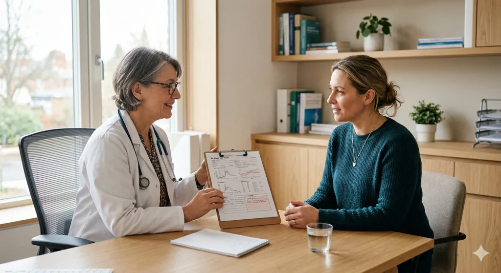 Médecin généraliste en blouse blanche expliquant les résultats d'un bilan sanguin à sa patiente lors d'une consultation.