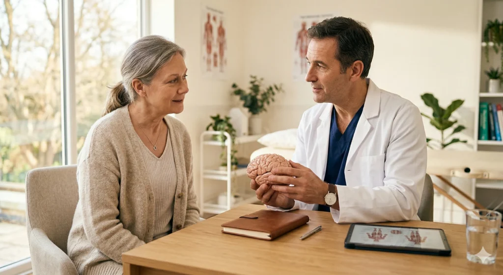 Consultation médicale avec un neurologue expliquant une pathologie cérébrale à une patiente à l'aide d'une maquette de cerveau.
