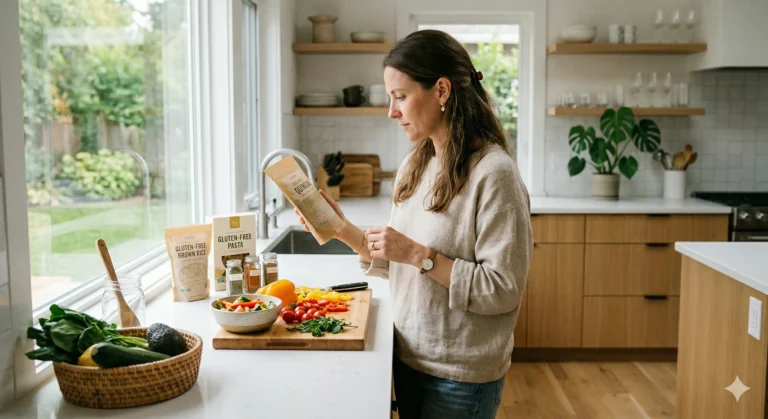 Femme dans une cuisine moderne examinant un paquet de quinoa biologique près de légumes frais découpés sur un plan de travail.