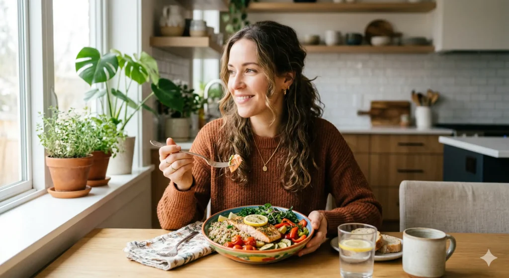 Jeune femme souriante dégustant un repas sain sans gluten composé de saumon grillé, quinoa et légumes dans une cuisine lumineuse.