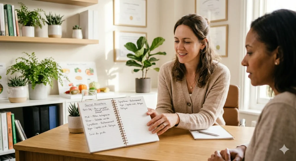 Une nutritionniste montre un journal alimentaire à une patiente lors d'une consultation dans un bureau lumineux.
