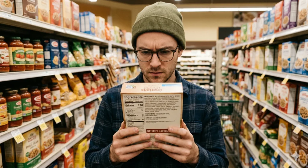 Un homme portant un bonnet vert et des lunettes examine attentivement l'étiquette des ingrédients d'une boîte de céréales dans l'allée d'un supermarché