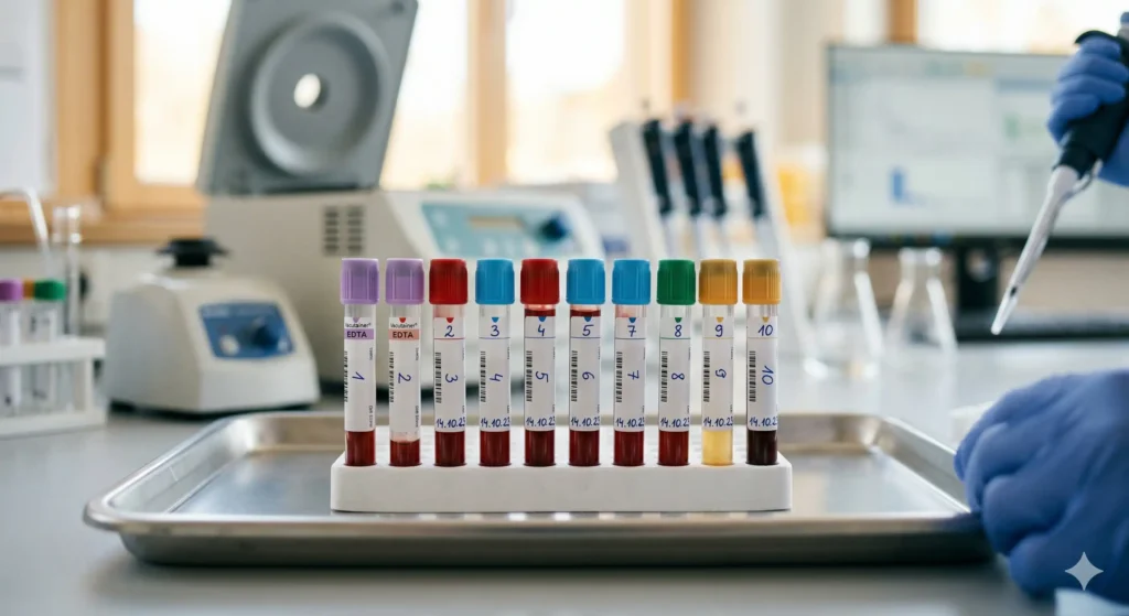 Gros plan de tubes de prélèvement sanguin étiquetés sur un plateau en laboratoire médical moderne avec chercheur utilisant une pipette en arrière-plan flou.