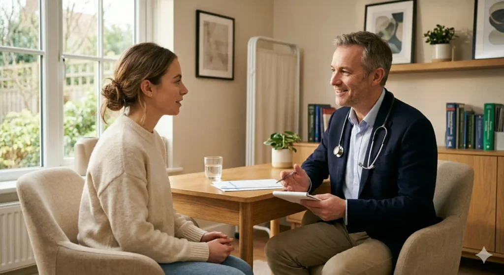 Médecin souriant expliquant un diagnostic à une patiente lors d'une consultation médicale dans un cabinet moderne et chaleureux.