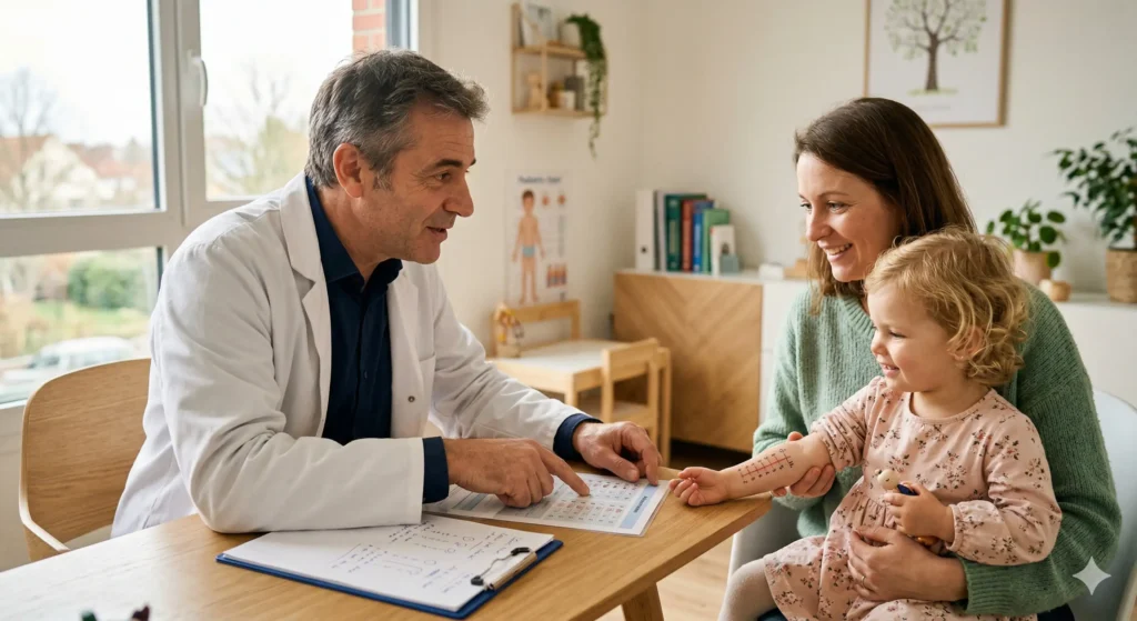 Un médecin en consultation avec une mère et sa petite fille montrant un test d'allergie sur son bras.