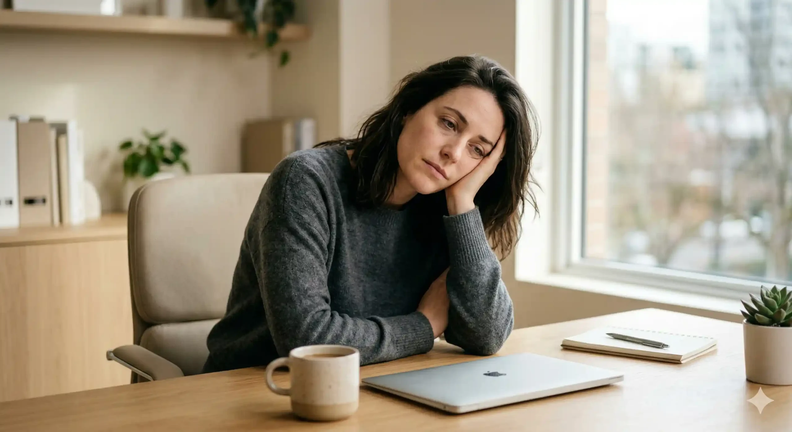 Femme active fatiguée assise à son bureau moderne en bois, illustration épuisement professionnel et charge mentale.
