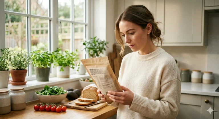 Jeune femme lisant attentivement la liste des ingrédients d'un emballage alimentaire dans une cuisine lumineuse avec du pain sans gluten et des légumes frais.